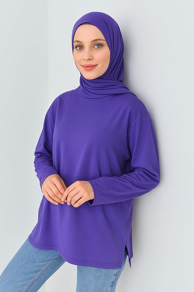 mirach Purple Cotton Combed Tunic Long Sleeve Blouse T-shirt Top