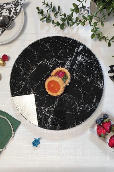 Sunum360 Black Marble Patterned Luxury Service Presentation Plate with Rotating Stand, Rotating Cake and Cheese Plate Stand