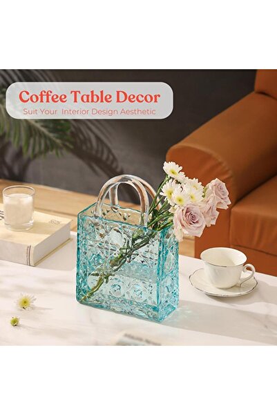 Nettenevime Çanta Vazo Köşeli Model Cam Çiçek Vazosu Dekoratif Mavi Vazo Büyük Boy Glass Bag Vase