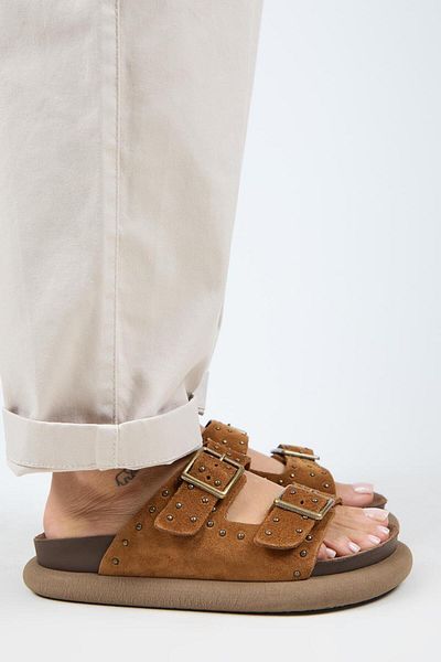 Manijero (Sude) Women's Genuine Leather Double Buckle Trock Taba Slippers