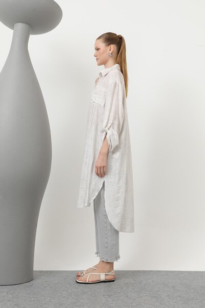 Puane Women's Long Tunic with Front Pocket and Robe Back - 10639Tun - Ecru