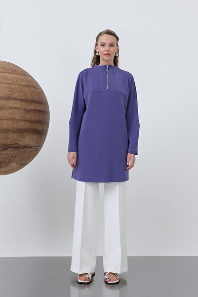 Puane Women's Front Zipper Detailed Tunic - 10611Tun - Purple