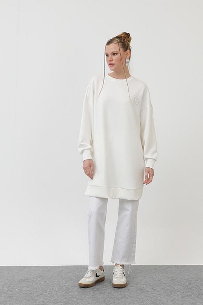 Puane Women's Front Embroidery and Stone Detailed Tunic - 10614Tun - Ecru