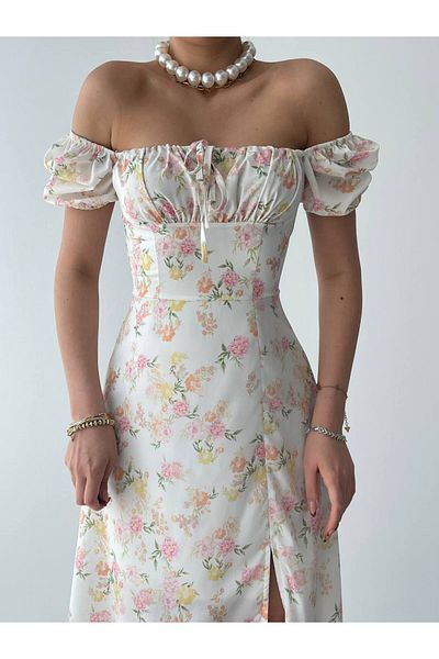 Store Floral Patterned Lined Chest Detail Dress