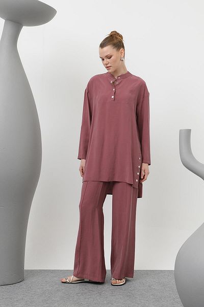 Puane Women's Judge Collar Placket Detailed Trouser Suit - 14309Tks - Rose