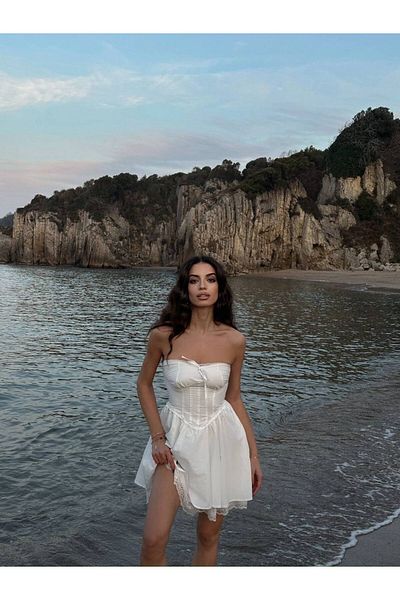 LOCH BUTİK Γυναικείο Μίνι Φόρεμα Λευκό Στράπλες Δαντελένιο