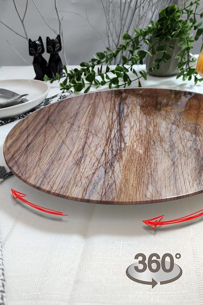 Sunum360 Wooden Patterned, Rotating Stand Luxury Service Presentation Plate, Rotating Cake and Cheese Plate Stand