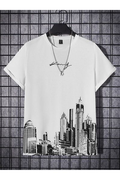 PENTHİLUS Tricou cu imprimeu cu litere și clădire pentru bărbați