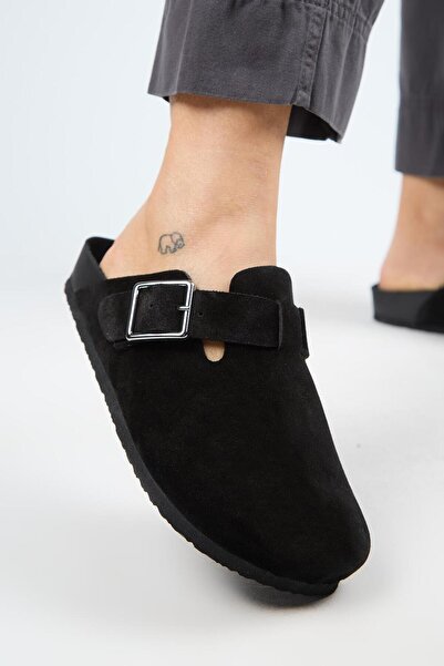 Manijero Dámské semišové pantofle Zeta 2 s přezkou na opasek z pravé kůže Sabo černé barvy