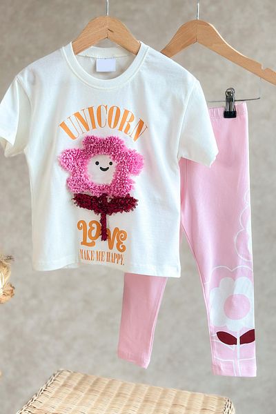 Monila Girl's 3D Flower Detailed Cotton Tights Bottom Set