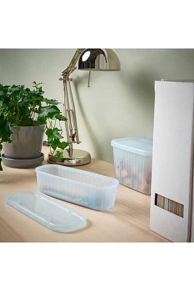 IKEA صندوق تخزين RYKTA مع غطاء، شفاف رمادي-أزرق، 9 × 24 × 7 سم/0.5 لتر