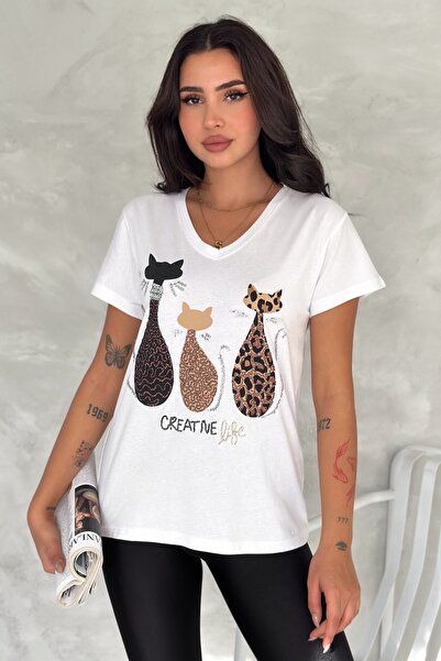FEMELLE Women's White V-Neck Large Size Cat Sequin Sequin Embroidered 100% Cotton T-Shirt