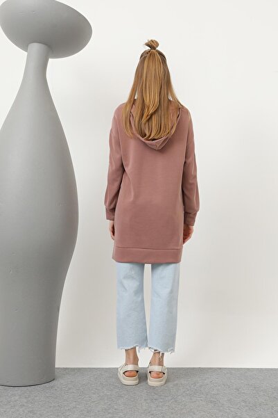 Puane Kadın Önü Fermuar Detaylı Kapişonlu Tunik - 10610tun - Gül