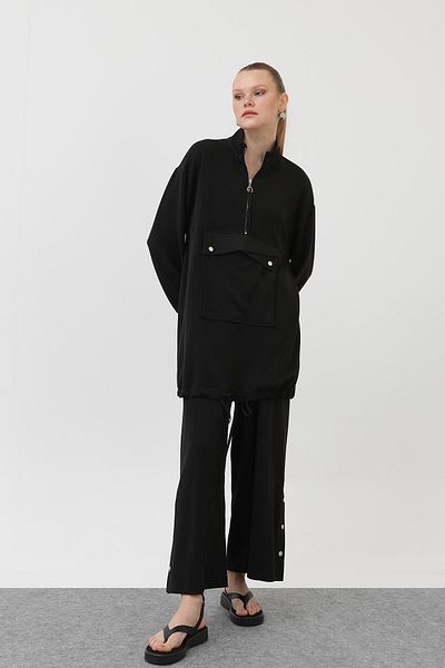 Puane Women's Pocket Detailed Zippered Suit - 14299Tks - Black