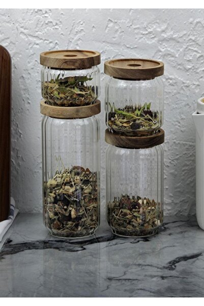 HomeTarz Timber Cam Kavanoz Seti - Çizgili 4'lü Saklama Kavanozu Takımı - Ahş...