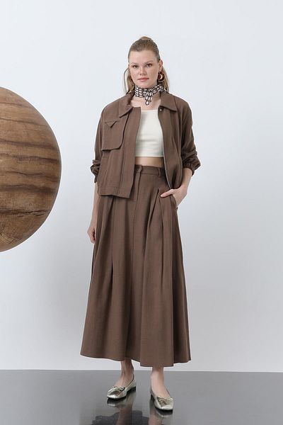 Puane Women's Hidden Placket Zippered Skirt Suit - 14315Tks - Brown