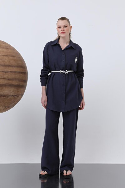Puane Kadın Beli Büzgülü Ve Cep Detaylı Gömlek Ve Pantolonlu Takım - 14313TKS - Lacivert