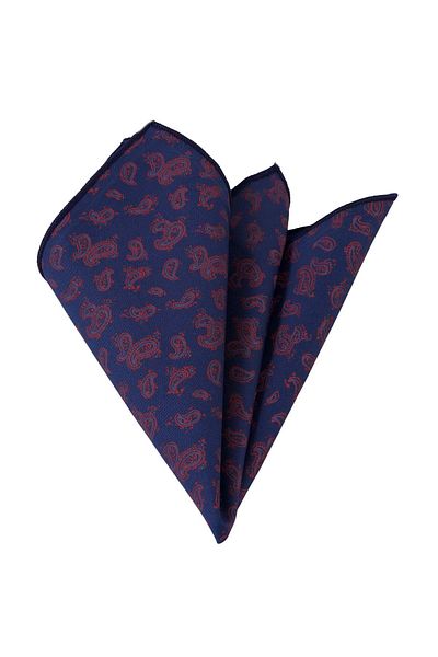 Exve Exclusive Navy Blue Red Paisley Patterned Cotton Woven Soft Pocket Collar Handkerchief
