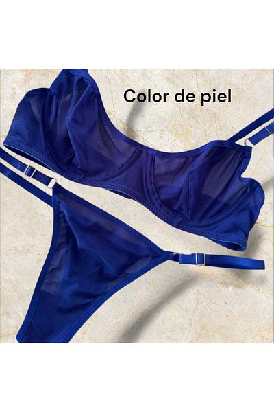 COLOR DE PIEL Underwire Cupless Saks Blue Plain Tulle Bra Suit (Bra-Tanga)