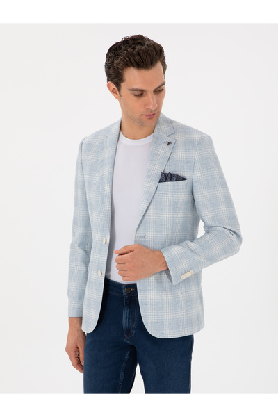 Cacharel Light Blue Slim Fit Linen Blend Plaid Jacket 50300065-Vr003