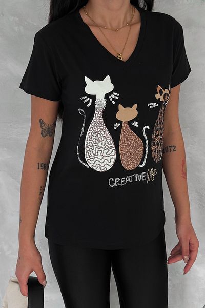 FEMELLE Tricou de damă, negru, cu decolteu în V, cu paiete de pisică, brodat, 100% bumbac