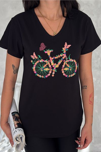 FEMELLE Tricou de damă, negru, cu decolteu în V, brodat cu bicicletă, 100% bumbac