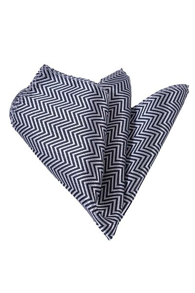 Exve Exclusive Black Silver Zigzag Patterned Jacquard Woven Pocket Lapel Handkerchief