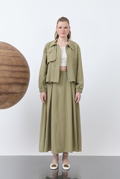 Puane Women's Hidden Placket Zippered Skirt Suit - 14315Tks - Light Khaki