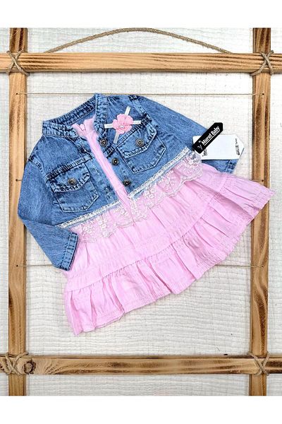 Murat Baby Baby Girl Cotton Suspender Dress with Denim Jacket Floral Crest Summer Dress