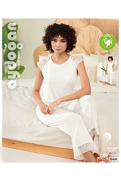 Aydoğan Women's White 95% Lyocell 5% Elastane Lace Detailed Cap Sleeve Pajama Set