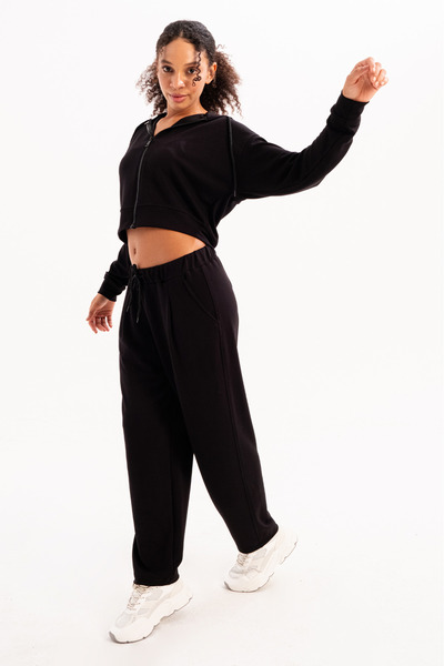 JUSTEVER Oversize Fit Elastic Bottom και Crop Hoodie Μαύρο Σετ αθλητικής φόρμας - Chic