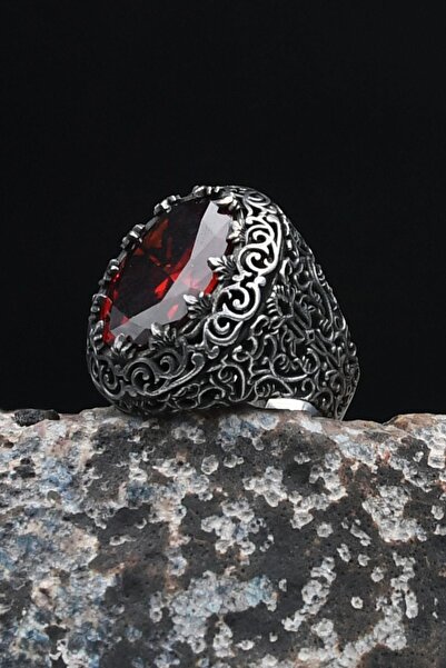 Prestige Kırmızı Zirkon Taşlı Erkek Yüzüğü Zirkon Taş Süslemeli 925 Ayar Gümü...