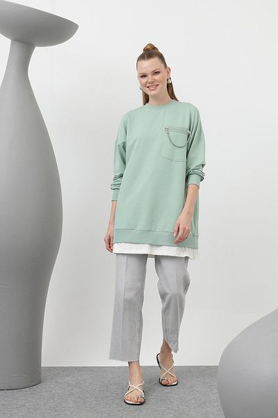 Puane Women's Double Sided Ornamental Zipper Detailed Tunic - 10620Tun - Almond Green