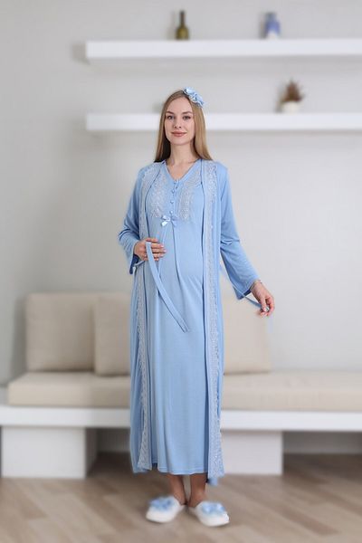 Lohussa Set cămașă de noapte pentru femei, albastru, cu design special, din bumbac, de vară, pentru maternitate