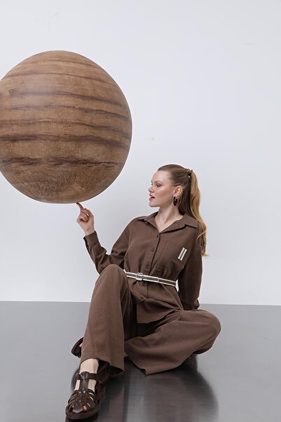 Puane Kadın Beli Büzgülü Ve Cep Detaylı Gömlek Ve Pantolonlu Takım - 14313TKS - Kahve