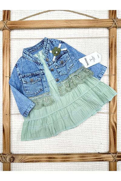 Murat Baby Baby Girl Cotton Suspender Dress with Denim Jacket Floral Crest Summer Dress