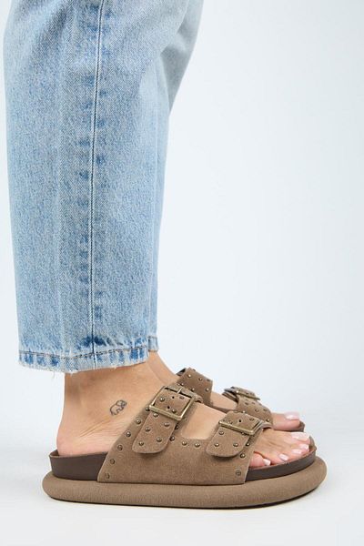 Manijero (Sude) Women's Genuine Leather Double Buckle Trock Mink Slippers