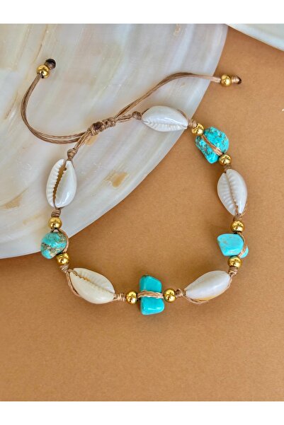 By Song Aksesuar سوار من الحجر الطبيعي باللون الفيروزي مع صدفة البحر