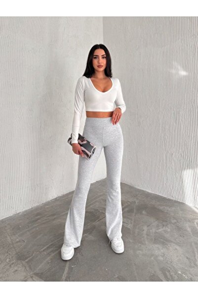 Oyga Women Rib Fabric Flared Leg High Waist Pants Leggings