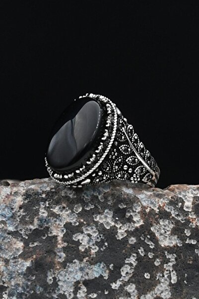 Prestige Dal Işlemeli Oniks Taşlı 925 Ayar Gümüş Erkek Yüzüğü Zirkon Taş Süsl...