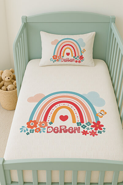 Lilabio %100 Pamuk İsme Özel İsimli 100x150 cm Pike Seti Çiçekli Gökkuşağı