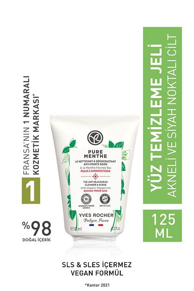 Yves Rocher Acne Prone Skin, Anti-Blackhead, Prebiotic Face Wash Gel with Peeling Effect-Purementhe-125Ml