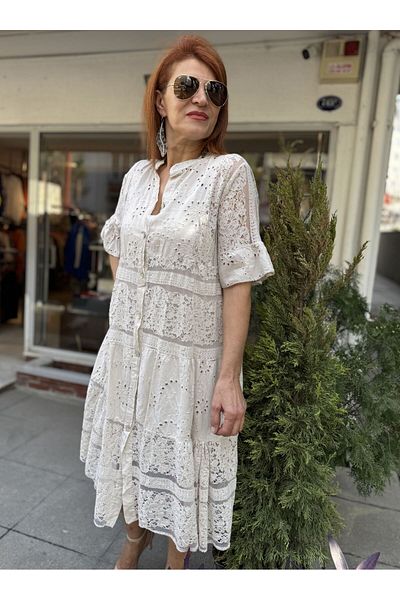 DenizEge Ιταλικό Ruched Guipure Midi Φόρεμα Μπεζ