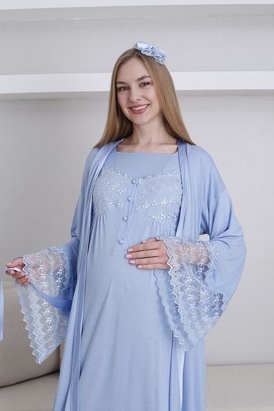 Lohussa Set cămașă de noapte pentru femei, albastru, cu dantelă, design special, din bumbac, de vară, pentru maternitate