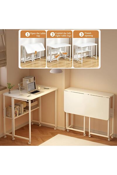Taimi Foldable Desk Mobile with Lockable Wheels and Double-Layer Storage, Laptop Desk,100x58x75cm - White