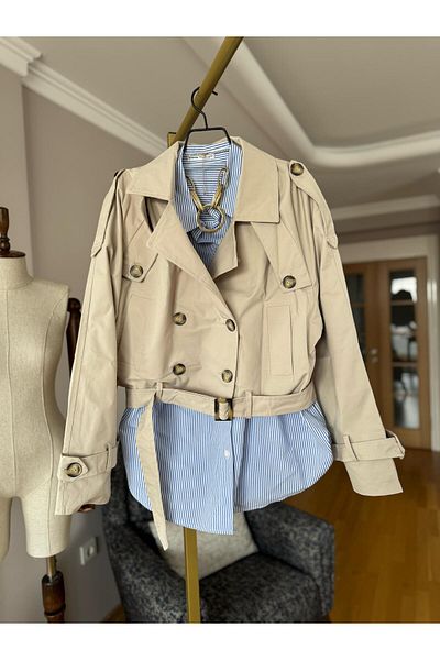 Natavanbutık Beige Color Oversize Short Trench Coat