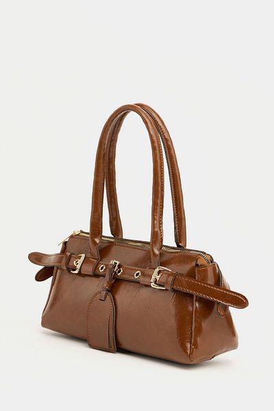 Madamra Hellbraune Damen-Hand- und Umhängetasche mit doppeltem Schnallengürtel und detailliertem Detail