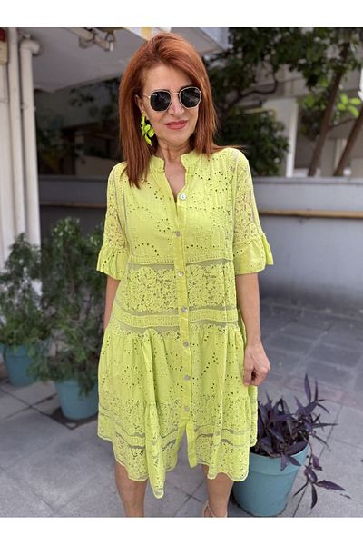 DenizEge Italian Lace Guipure Midi Dress Lime