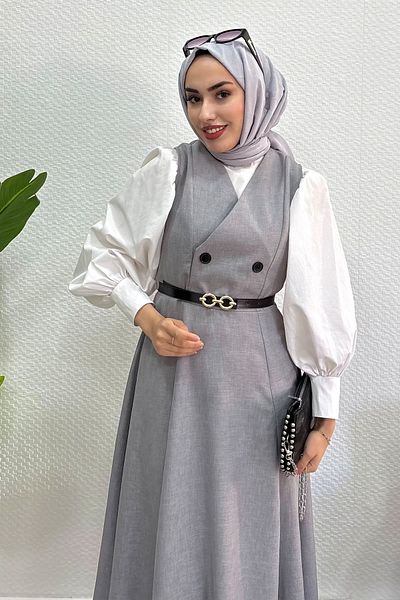 Tesettür Diyarı Sofia Linen Button Detailed Gilet Dress
