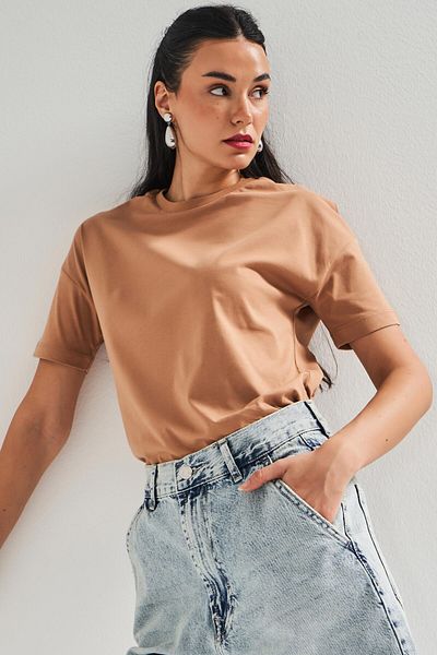 its basic Women's Brown S5-16 Crew Neck 100% Cotton Basic T-Shirt